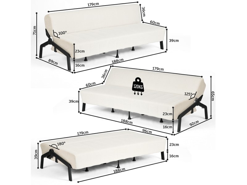  Canapé-lit convertible 3 places avec ressorts et dossier inclinable 3 niveaux en tissu beige  - Conforama D