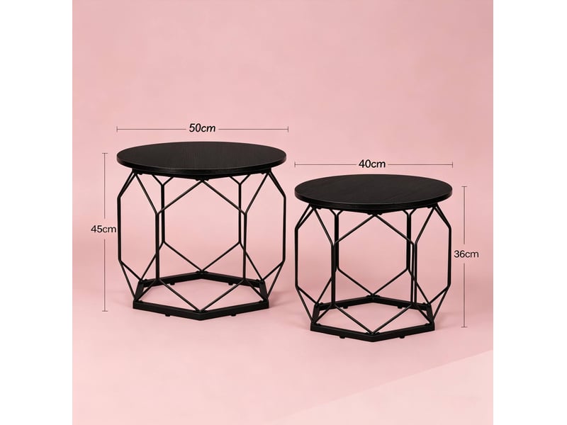 Tables basses gigognes rondes avec plateaux amovibles et rangement ouvert design moderne en bois et métal noir pour salon - Conforama C