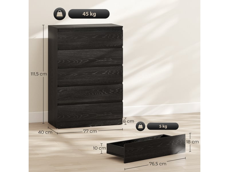  Commode 5 tiroirs pour chambre, salon ou bureau, style moderne, 77 x 40 x 111,5 cm, aspect bois noir.  - Conforama E