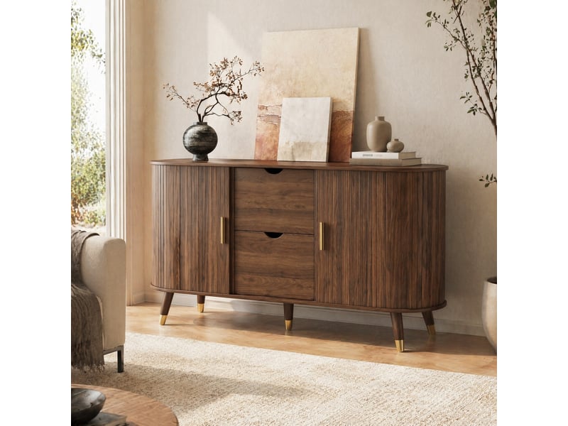 Buffet bas en mdf couleur noyer, 2 portes coulissantes, 2 tiroirs et étagères réglables – 140 x 40 x 79,5 cm - Conforama D