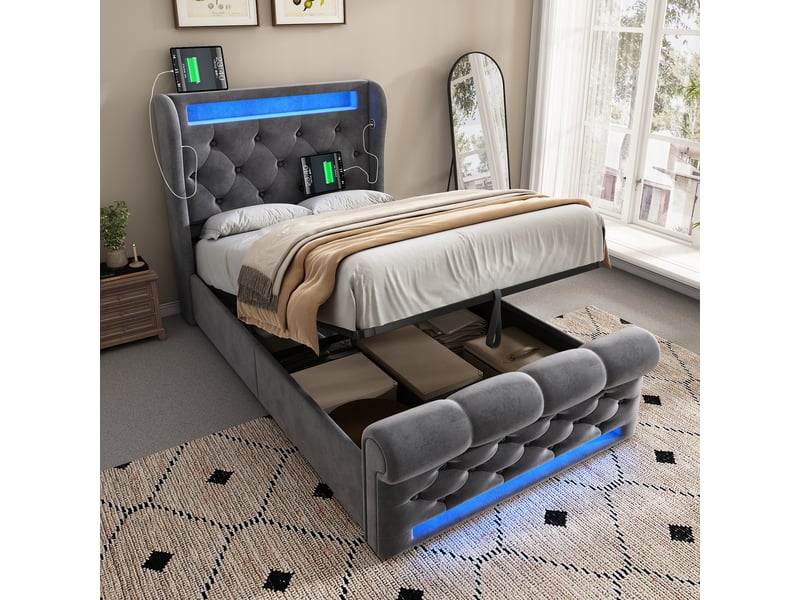 Lit coffre 90 x 200 cm en velours gris avec led et usb - Conforama B