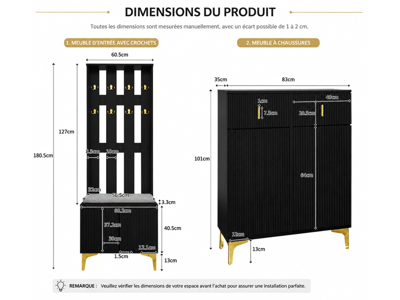  Vestiaire 3-en-1 pour entrée: banc à chaussures et coussin, panneau crochets, meuble à chaussures avec tiroirs et portes  - Conforama C