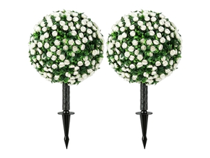 Décoration extérieure avec 2 boules de roses artificielles en polyéthylène, piquets, pour terrasse et jardin, blanche