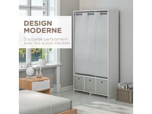 Armoire penderie armoire de rangement avec tringle rideaux 3 tiroirs en tissu amovibles blanc 105 x 48 x 160 cm