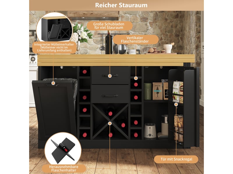 Îlot de cuisine noir rotatif 360° 120–223cm avec rangement, casier à vin amovible, support poubelle et étagères snacks - Conforama E