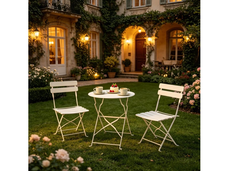  Salon de jardin pliant 3 pièces en métal beige, table ronde et 2 chaises  - Conforama E
