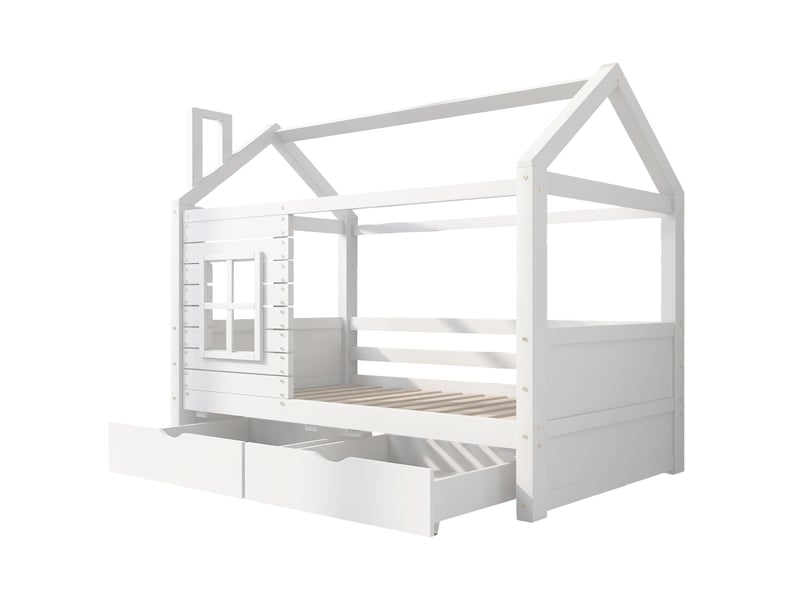  Lit cabane, lit enfant, lit junior 90 x 200 cm avec protection antichute, lit enfant en bois massif polyvalent pour garçons et filles, lit enfant en bois massif avec protection antichute, fenêtre et sommier à lattes, blanc  - Conforama E