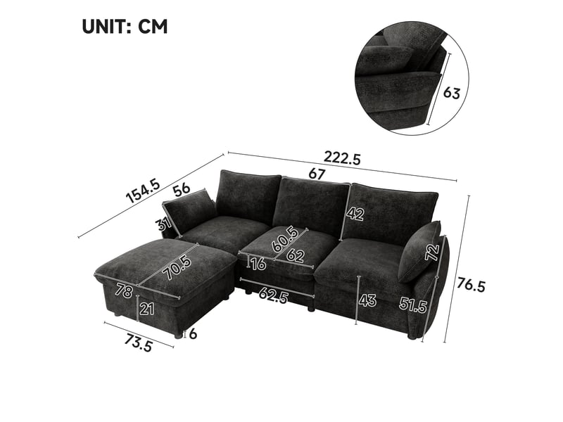  Canapé d’angle 3 places 222,5x154,5x76,5 cm avec ottomane et 1 pouf, pour salon et appartement, chenille, gris foncé Sol Morn - Conforama C