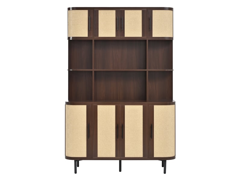  Buffet de rangement, avec 8 portes, façades tressées, poignées noires et pieds en fer, mdf noyer, 120×20×180 cm  - Conforama A