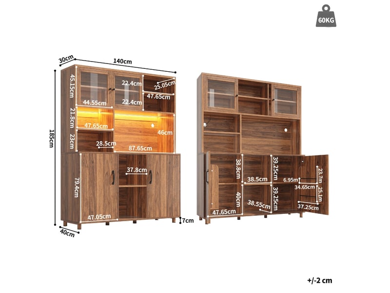  Buffet haut 140 x 40 x 185 cm noyer, mdf et verre, rangement avec led pour cuisine, salon ou salle à manger  - Conforama C