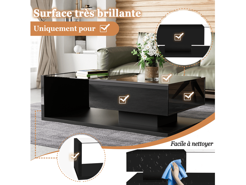  Table basse 105x55x32,5 cm avec plateau en verre trempé et led 16 couleurs, pour salon, panneau de particules, noir  - Conforama E