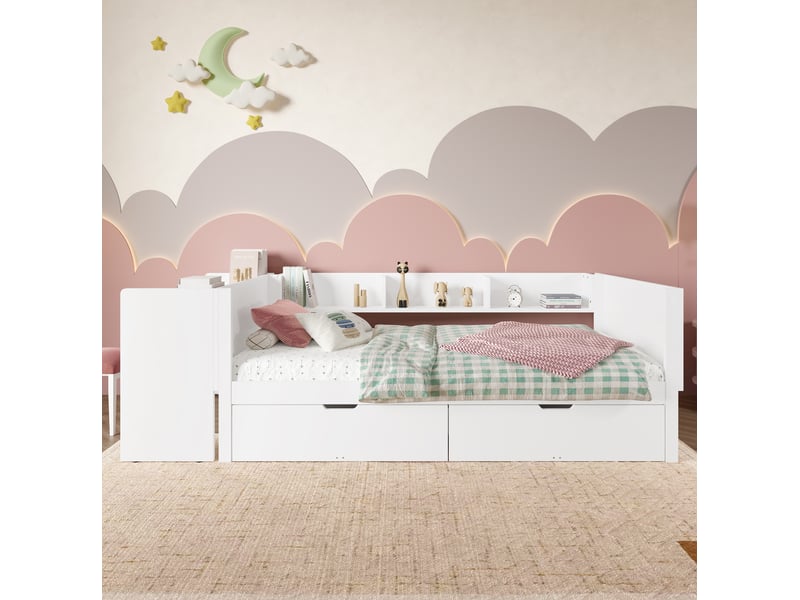  Lit avec rangement 90x200 cm blanc avec bureau, étagères et 2 tiroirs  - Conforama D