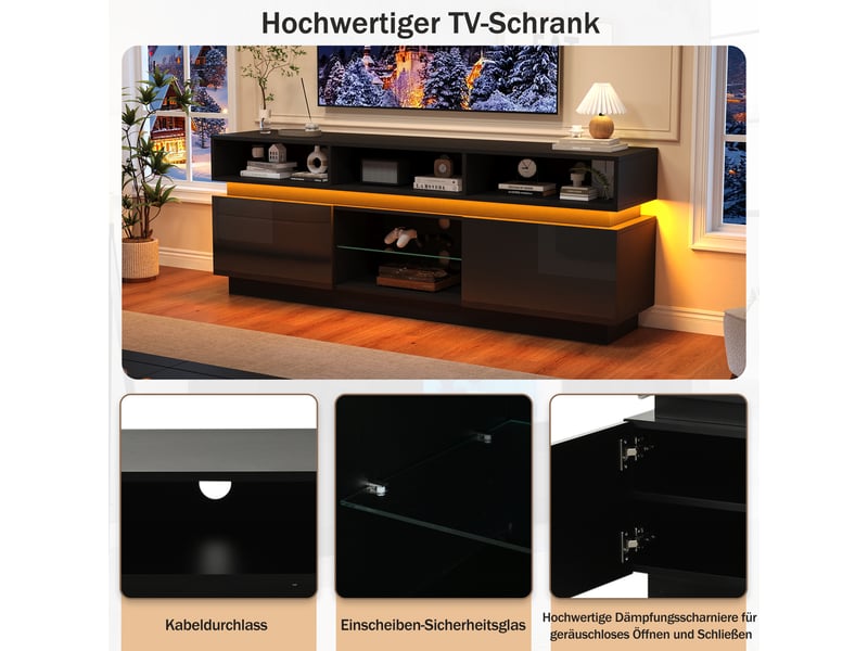  Meuble tv 160 cm noir brillant avec led app-contrôlée, plateau en verre trempé, pour écrans jusqu'à 60 pouces  - Conforama W