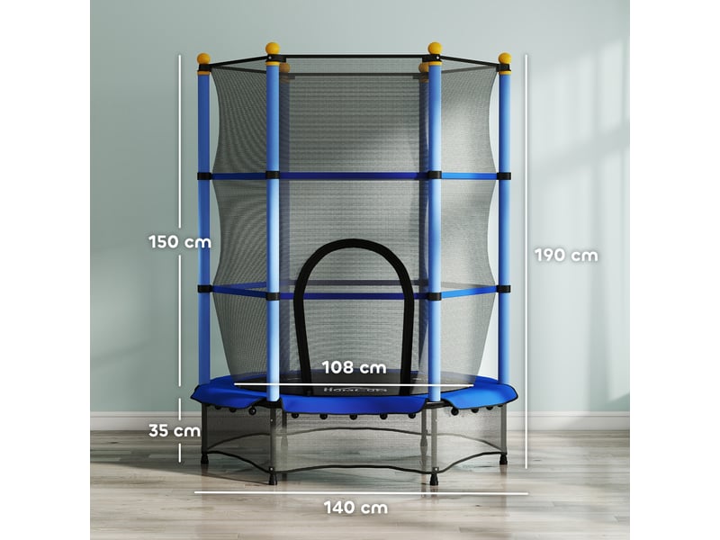  Trampoline enfant ø 1,40 × 1,90h m filet de sécurité porte zipée couvre-ressorts 6 poteaux rembourrés inclus bleu  - Conforama C