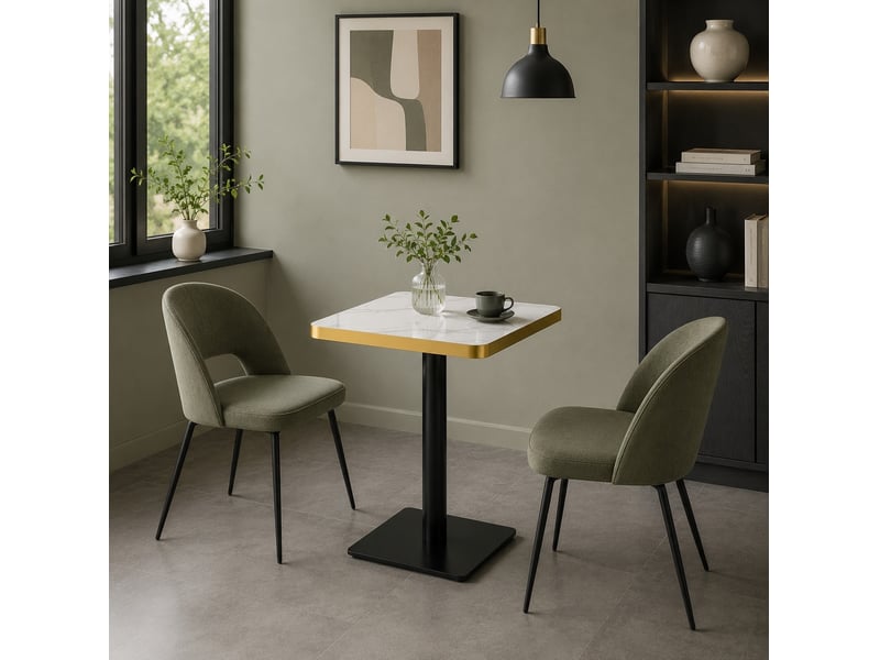  Table de salle à manger carrée pour 2 à 4 personnes avec pied central, effet marbre, mdf et métal blanc 60 × 60 × 74 cm  - Conforama B