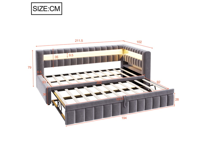Lit gigogne banquette 90x200 cm en velours avec led, ports usb et type-c, tête de lit et dossier avec rangements, gris foncé - Conforama E