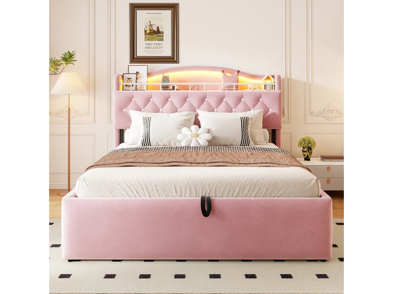 Lit coffre 140x200 cm, lit double, rangement hydraulique, led, usb et usb-c, velours rose - Conforama C