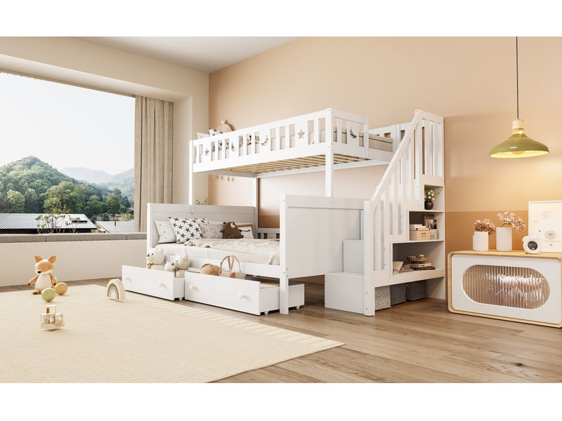 Lit superposé 90 x 200 et 140 x 200 cm, couchages superposés, escalier, tiroirs de rangement, sommier à lattes, pour la chambre, bois massif, blanc ABC - Conforama E