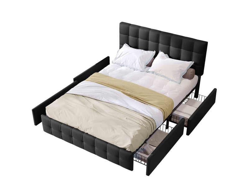  Lit double 140x200 avec 4 tiroirs, tête de lit capitonnée réglable, sommier à lattes, revêtement lin noir  - Conforama D