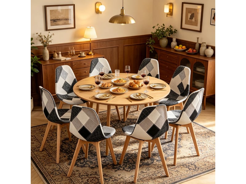  Lot de 8 chaises de salle à manger style patchwork en tissu avec structure en bois et métal, ergonomiques, gris multicolore  - Conforama B