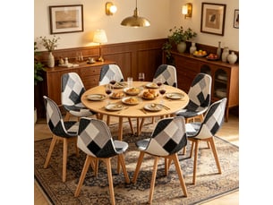 Lot de 8 chaises de salle à manger style patchwork en tissu avec structure en bois et métal, ergonomiques, gris multicolore