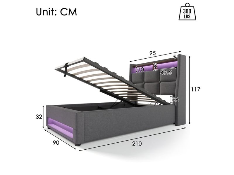  Lit simple rembourré led - 90x200 cm - gris - lin - éclairage led avec télécommande - port usb intégré YJP-ABMC122324G - Conforama D