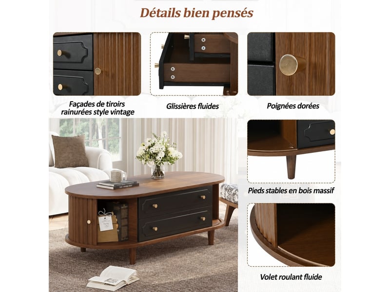  Table basse 2 portes coulissantes et 2 tiroirs décor bois rainuré noyer. L 100 x p 50 x h 36cm  - Conforama E