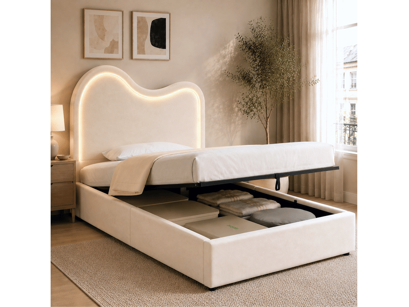 Lit enfant coffre 90x200 cm en velours beige avec led pilotable par application, sommier inclus et sans matelas - Conforama E
