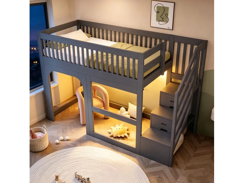 Lit mezzanine 90 × 200 cm avec échelle de rangement, led et espace ouvert pour chambre d’enfant gris - Conforama E