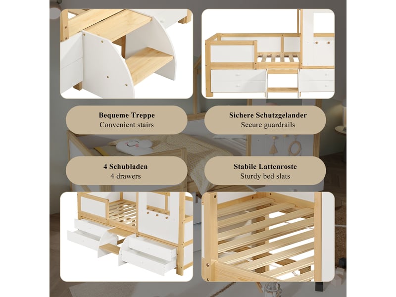  Lit cabane enfant 90x200 cm en pin blanc et naturel avec rangements et échelle  - Conforama D