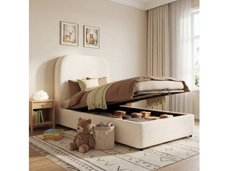 Lit enfant 90x200 cm bouclé avec rangement hydraulique beige - Conforama E