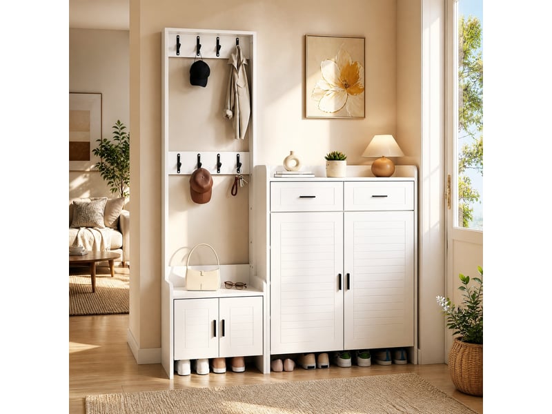  Meuble d'entrée avec 2 portes, 2 tiroirs, 6 étagères et 8 crochets pour chaussures, blanc, 125 × 36 × 165 cm  - Conforama B