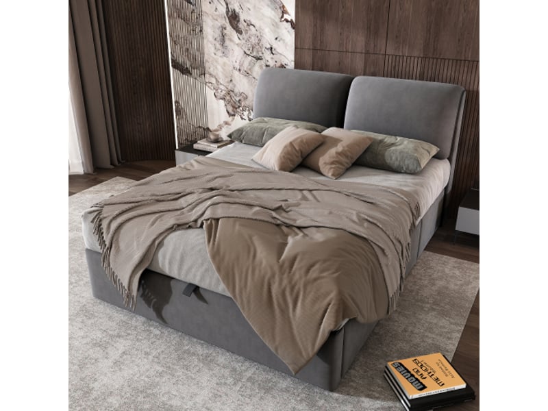  Lit capitonné 140x200 cm, vérin hydraulique, 3 tiroirscoffre, sommier à lattes, tête de lit velours gris – sans matelas  - Conforama B