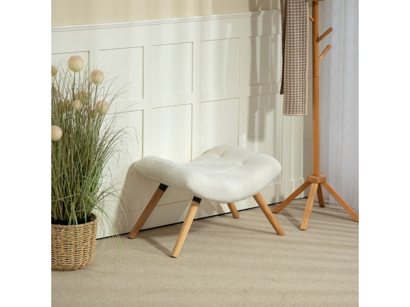 Repose-pied et tabouret rembourré avec assise ergonomique et pieds en hêtre, en tissu bouclette polyester blanc crème - Conforama B