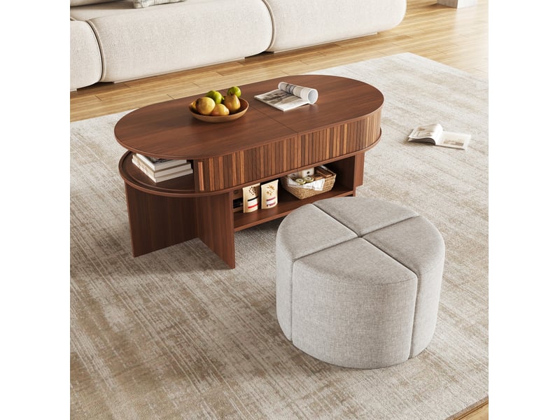  Table basse ovale avec rangement 120x60x51,5 cm, panneau de particules et en mdf, tabourets, noyer  - Conforama D