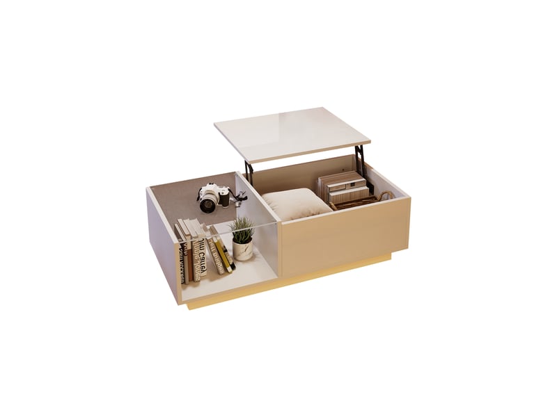 Table basse led relevable avec rangement caché, plateau en verre trempé, 100x50x33cm, blanc - Conforama E