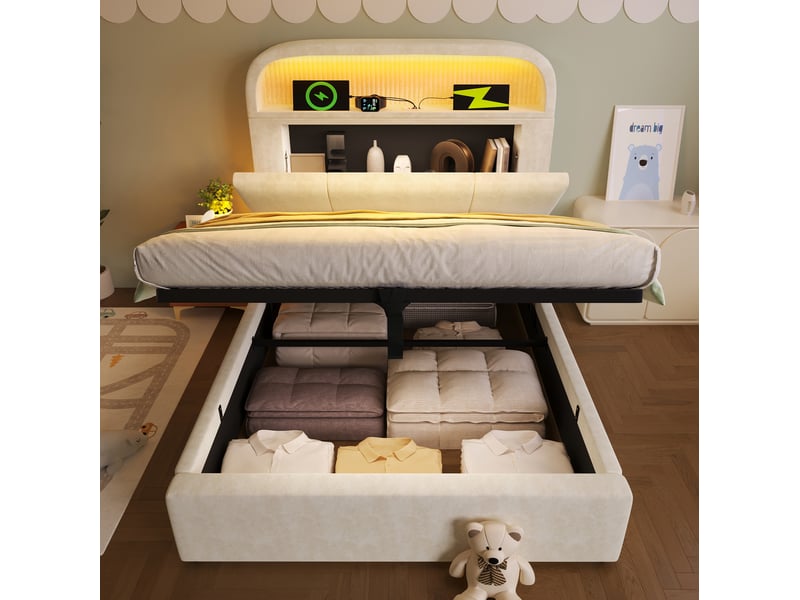 Lit enfant coffre 90x200 cm lit 1 place, tête réglable led 16 couleurs ports de chargement velours beige avec matelas - Conforama W