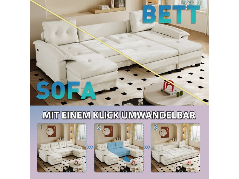 Canapé-lit modulable en u 278x127x87 cm avec ports usb en chenille beige sans matelas - Conforama D