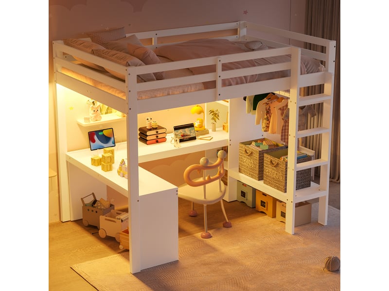 Lit mezzanine 90x200 cm – lit enfant gain de place avec bureau intégré penderie led et usb – bois de pin – blanc CozyNest - Conforama B