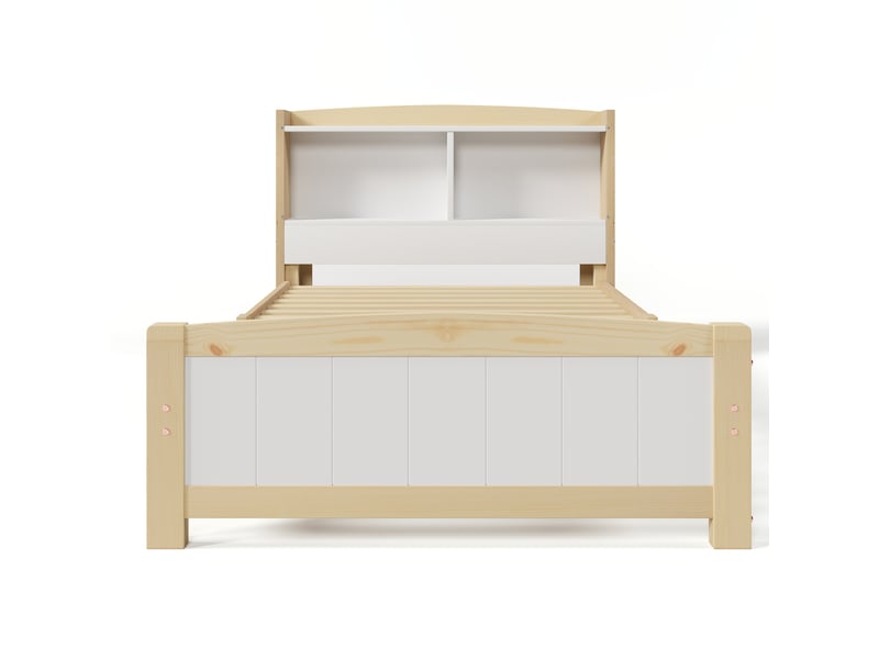  Lit enfant en bois massif 90x200cm avec matelas, cadre de lit avec sommier à lattes en pin, naturel et blanc, lit 1 personne  - Conforama R