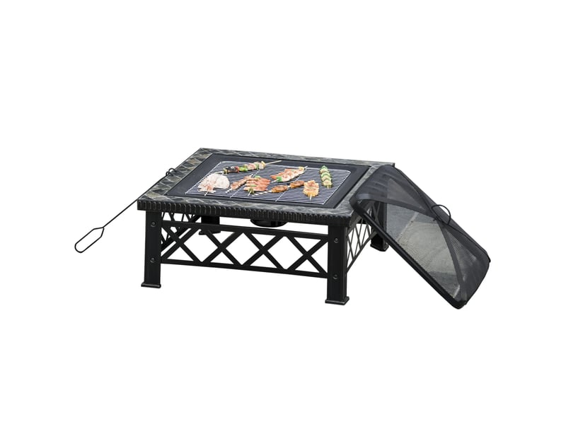  Brasero 3-en-1 (foyer/barbecue/seau à glace) avec pare-étincelles et grille de cuisson – Noir – 76 x 76 x 47 cm  - Conforama B