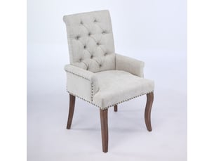 Chaise de salle à manger en chenille beige avec accoudoirs, dossier haut capitonné, pieds courbés en bois massif, assise rembourrée, style classique