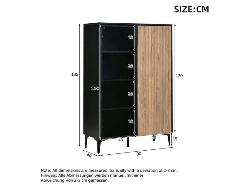  Vitrine 90x40x135 cm 2 portes led mdf noir et bois naturel  - Conforama E