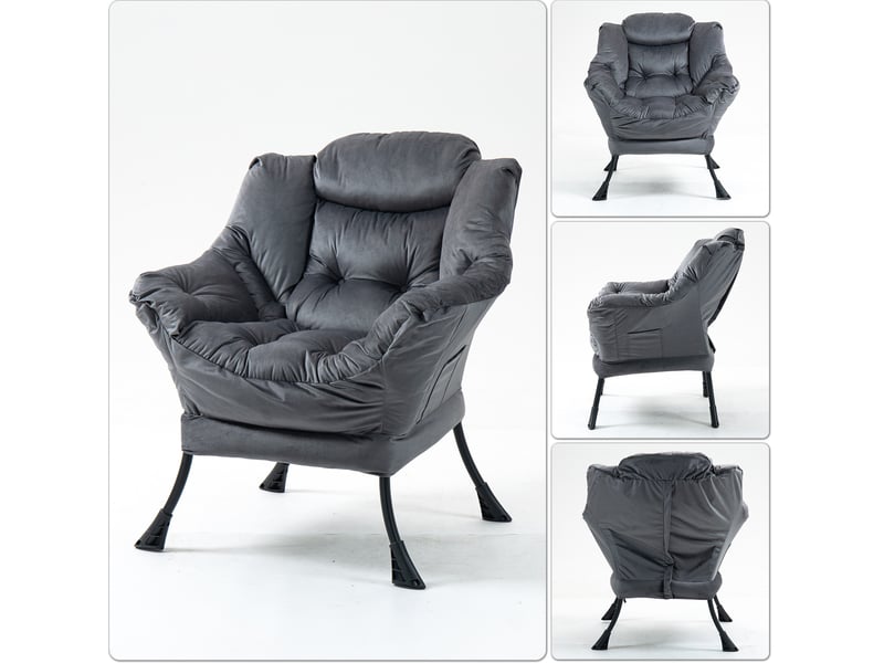  Fauteuil relax gris foncé à structure métal avec poche latérale et soutien de la nuque pour vos moments détente  - Conforama D