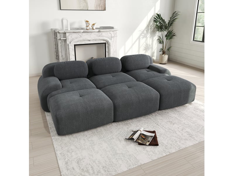  Sofa modulaire 3 places 298x178x70 cm, 3 hockers, assise 32d, prêt à installer, corduroy, gris  - Conforama E