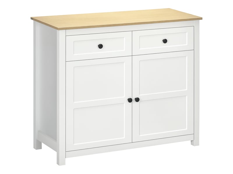  Commode meuble de rangement 2 portes avec étagère réglable en hauteur 2 tiroirs 100 x 40 x 85 cm blanc et aspect bois  - Conforama B