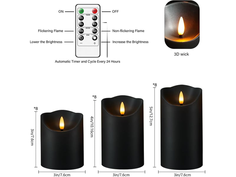  24 bougies pilier led noires sans flamme, effet vacillant avec télécommande et minuterie, bougies électriques décoratives  - Conforama E