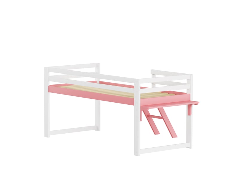 Lit mezzanine enfant 90x200 cm blanc et rose - lit surélevé en pin massif avec barrières de sécurité, échelle et petite table de chevet intégrée - Conforama A