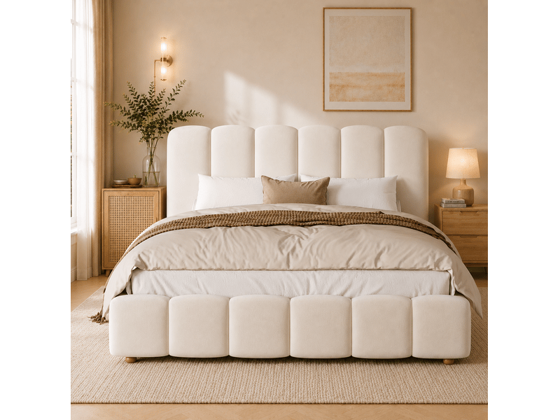  Lit double 140x190 cm en velours beige avec coffre hydraulique, tête de lit rembourrée et sommier, sans matelas  - Conforama E