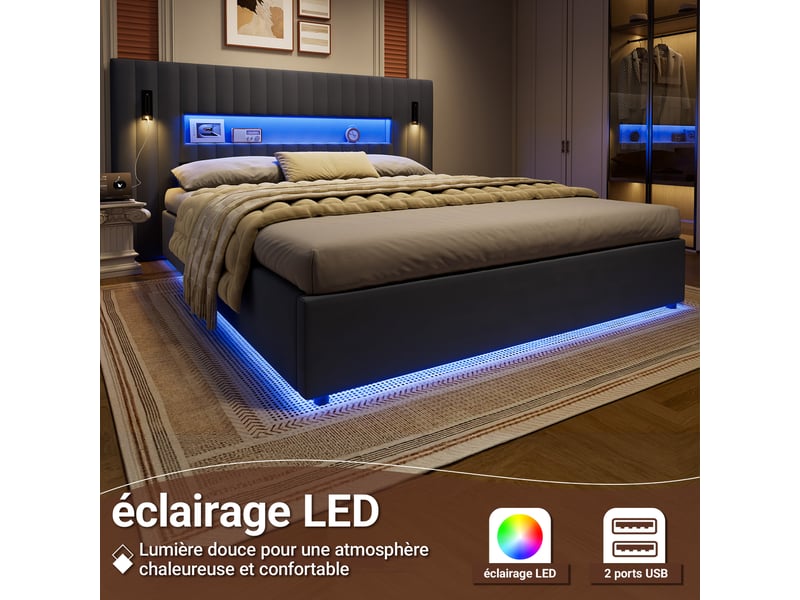  Lit coffre ulevr 180 x 200 cm avec rangement hydraulique, liseuses led réglables et 2 ports usb, velours gris foncégris  - Conforama D